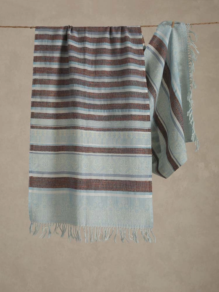 Gölge Weaves & Stripes Wool Silk Stole - Earthy Blue