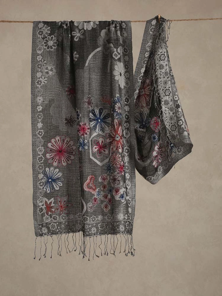 ImageMaua Floral Silk Stole – Grey Multi