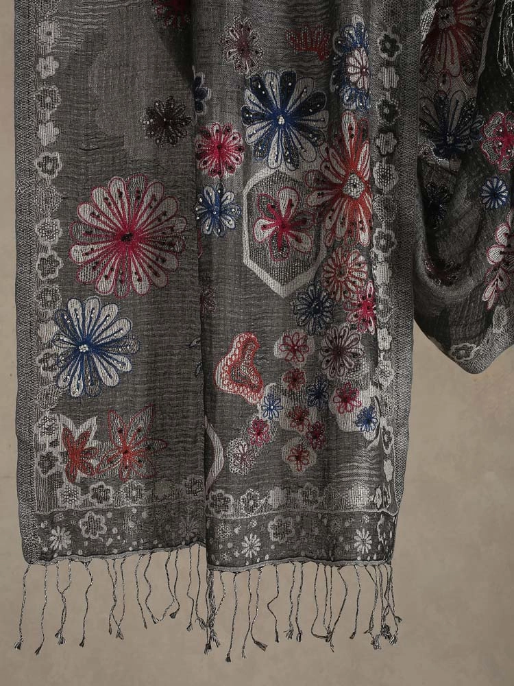 ImageMaua Floral Silk Stole – Grey Multi