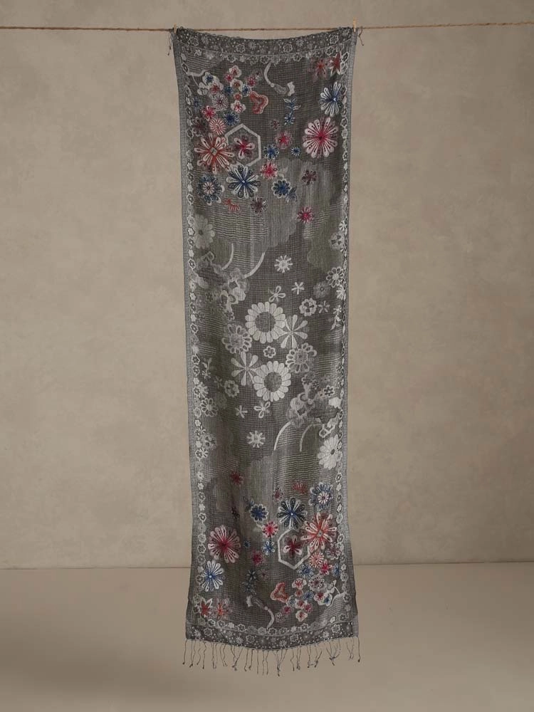 ImageMaua Floral Silk Stole – Grey Multi