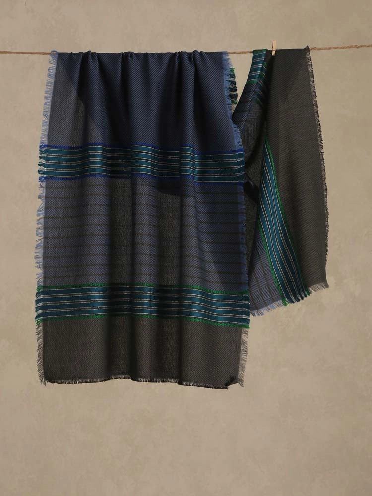 Axis Stripes Wool Blend Stole - Denim, Grey