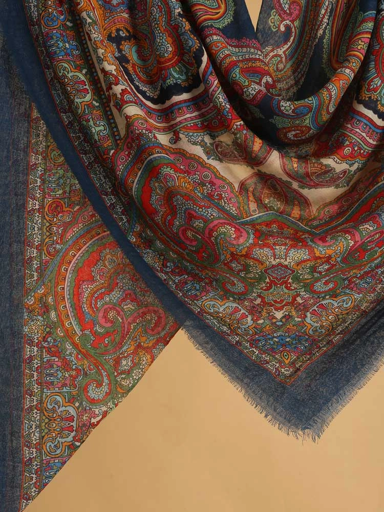 ImageBoteh Mehr Paisley Wool Silk Foulard – Navy, Multi