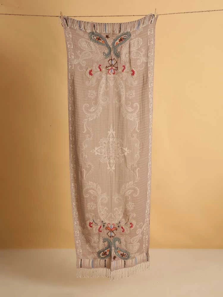 ImageFawn Beige Paisley Hand Emb Cotton Stole