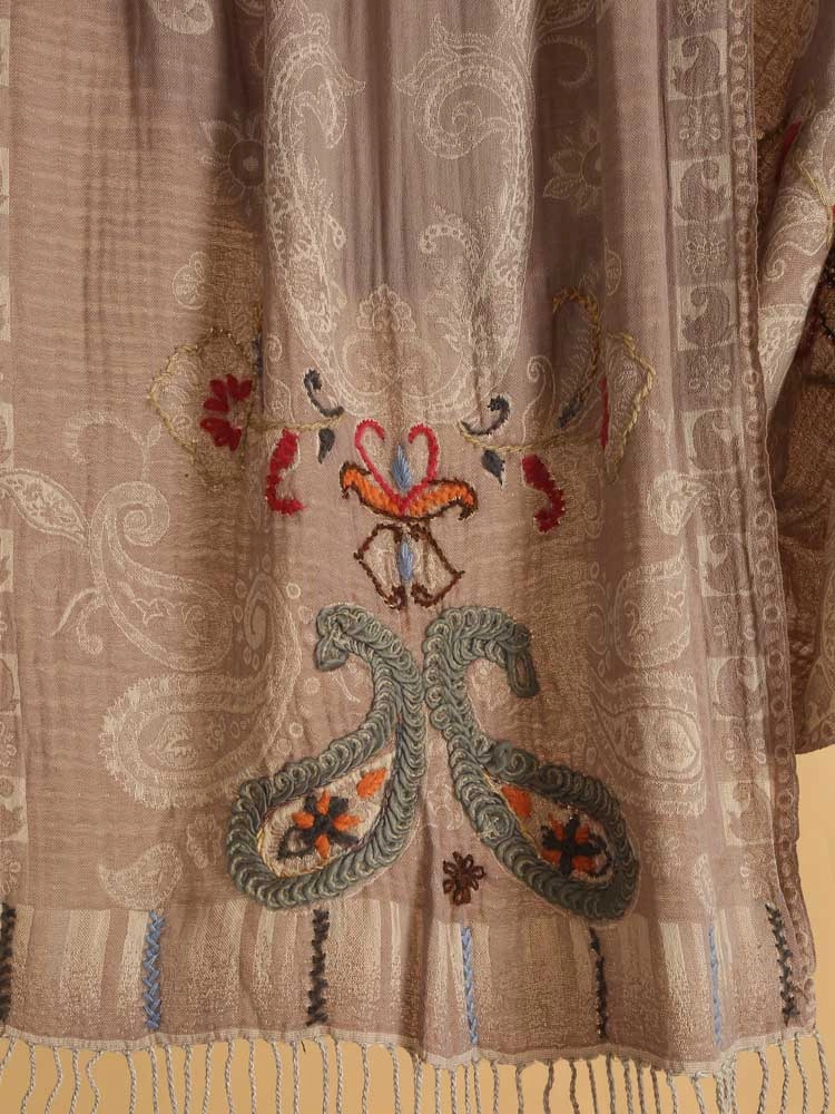 ImageFawn Beige Paisley Hand Emb Cotton Stole