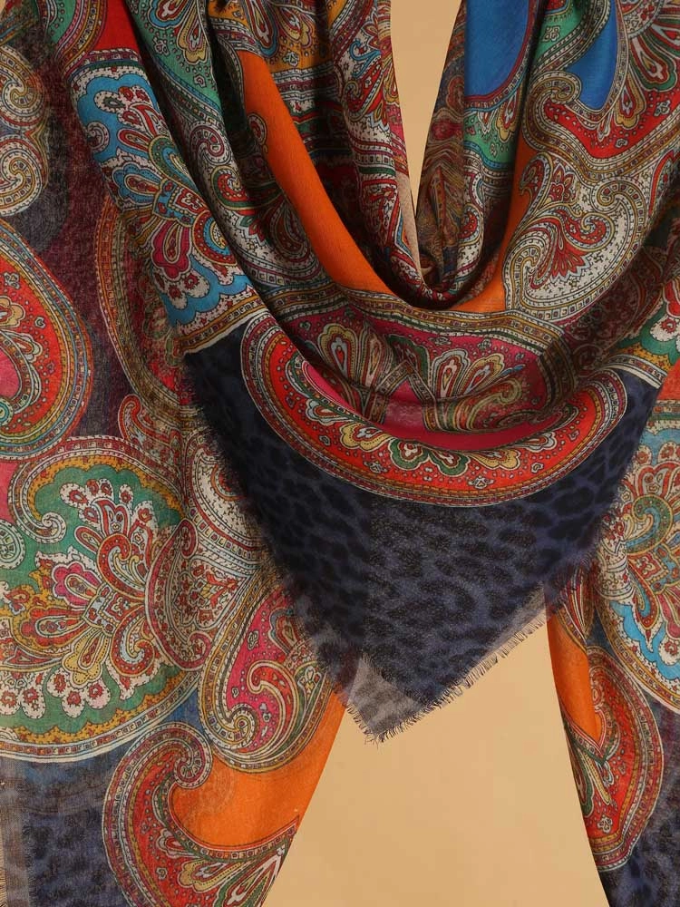 ImageAmra Lata Paisley Wool Silk Foulard – Beige, Blue