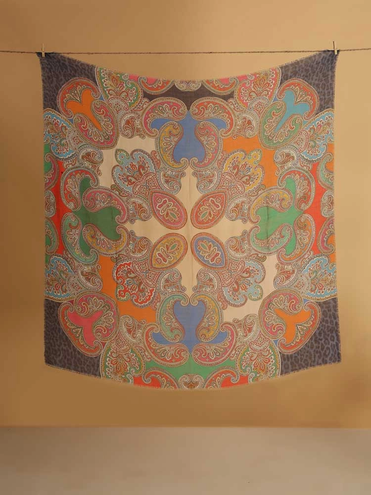ImageAmra Lata Paisley Wool Silk Foulard – Beige, Blue