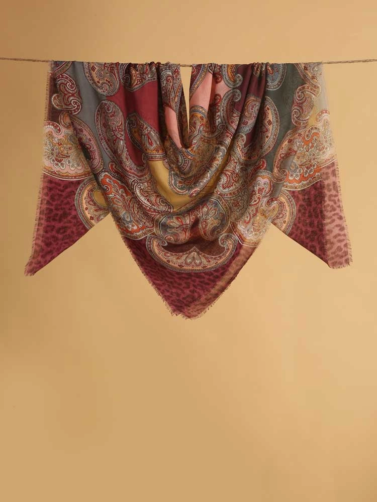 ImageAmra Lata Paisley Wool Silk Foulard – Wine, Multi