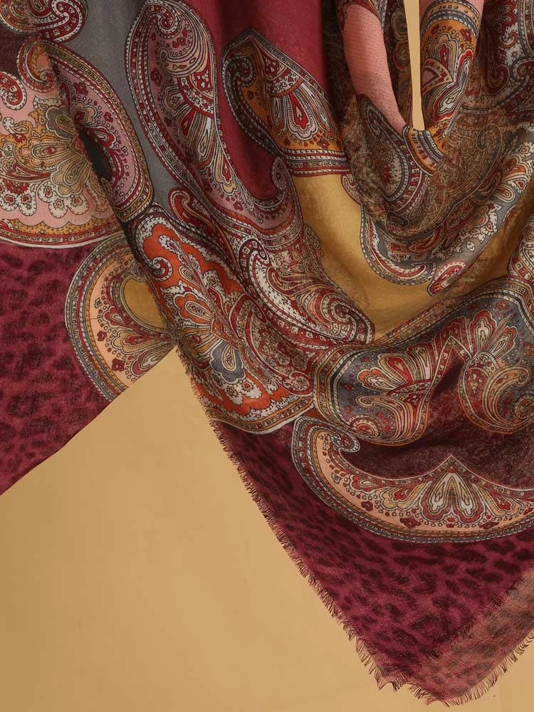 ImageAmra Lata Paisley Wool Silk Foulard – Wine, Multi