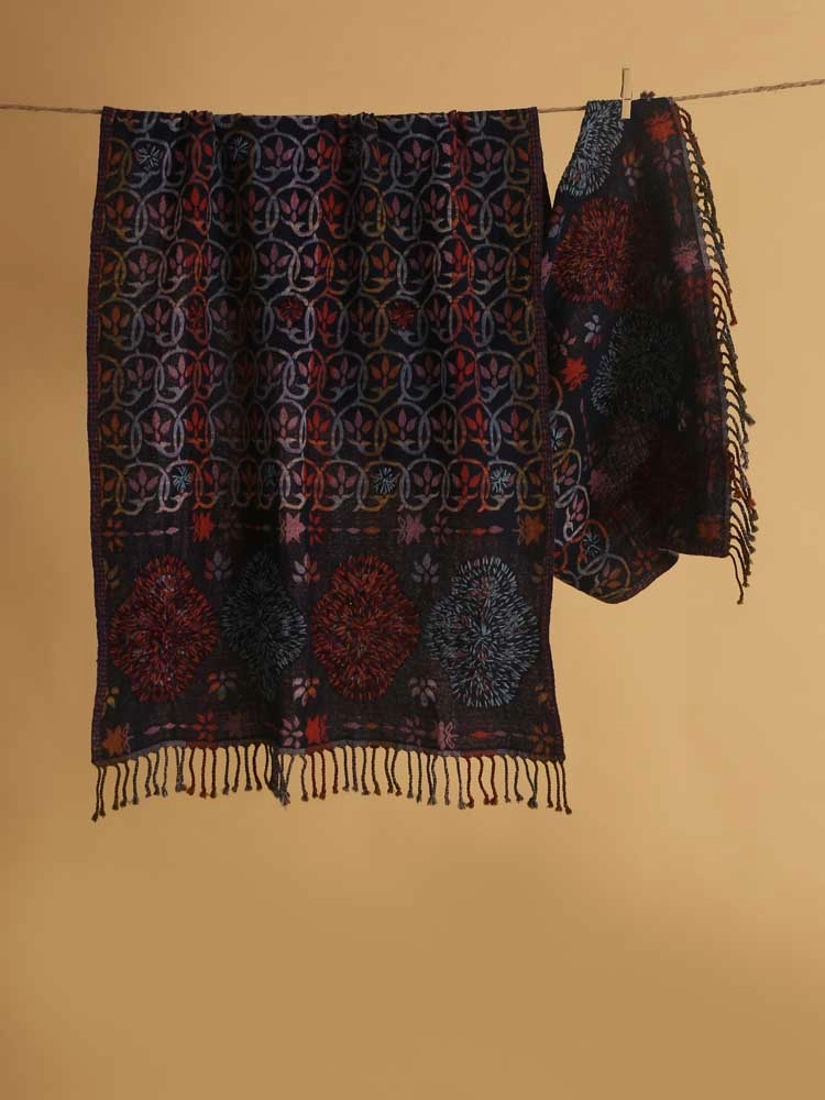 Skarn Paisley Merino Wool Hand Emb Stole - Midnight Multi