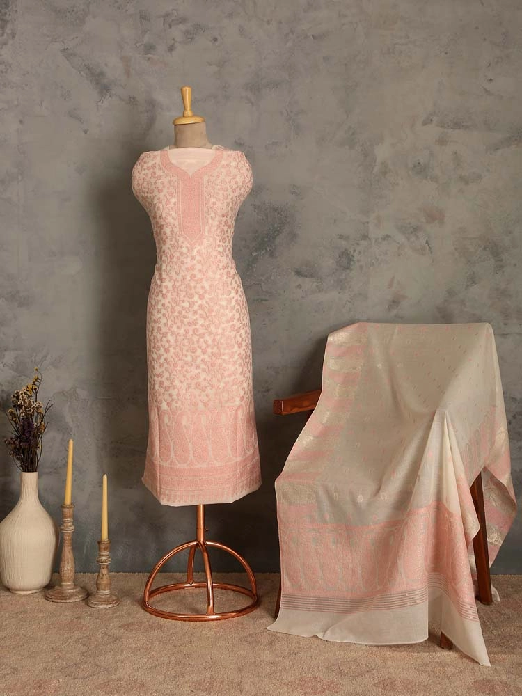 ImageZoon Paisley Cotton Unstitched Suit Set – Blush Pink, Offwhite