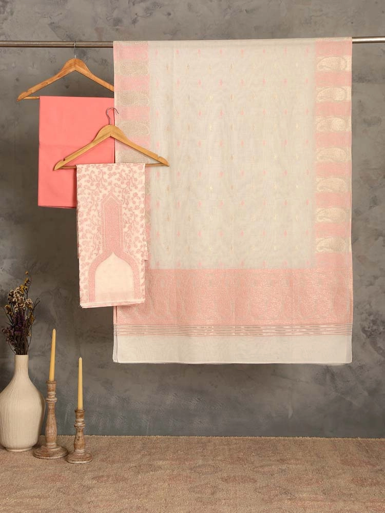 ImageZoon Paisley Cotton Unstitched Suit Set – Blush Pink, Offwhite