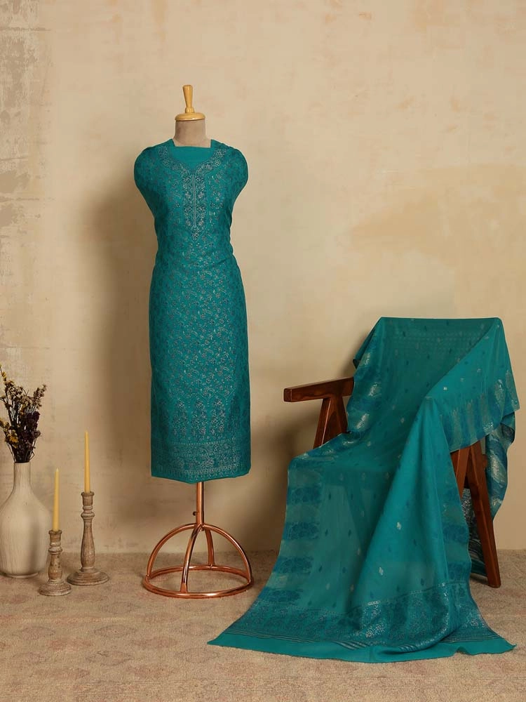 ImageZoon Paisley Cotton Unstitched Suit Set – Deep Teal