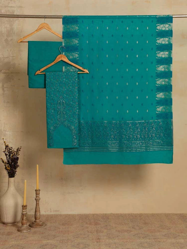 ImageZoon Paisley Cotton Unstitched Suit Set – Deep Teal