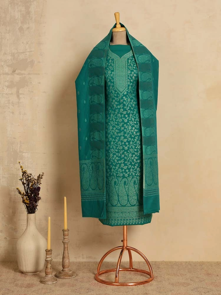 ImageZoon Paisley Cotton Unstitched Suit Set – Emerald Green