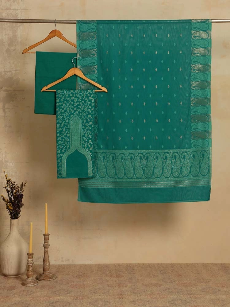 ImageZoon Paisley Cotton Unstitched Suit Set – Emerald Green