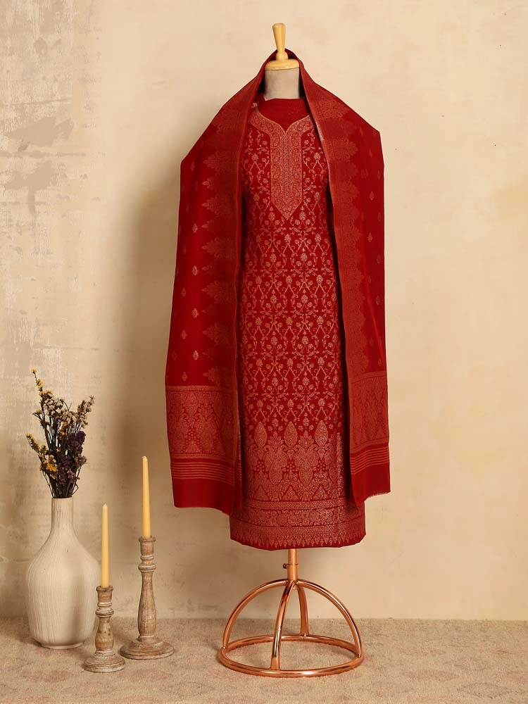 ImageZoon Paisley Cotton Unstitched Suit Set – Ranikhet Red