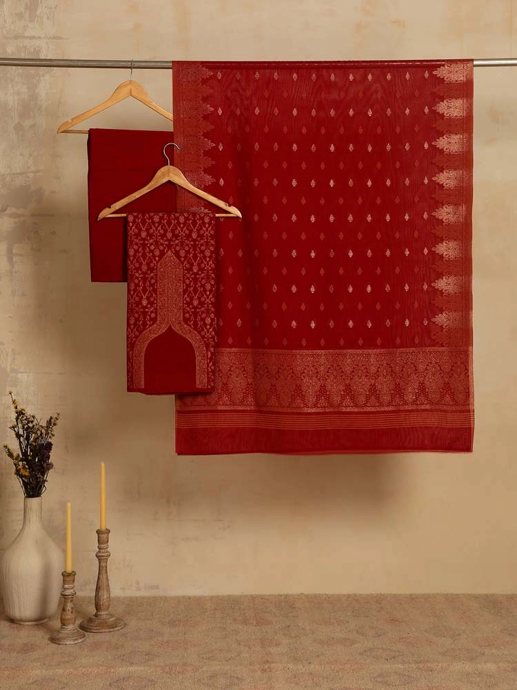 ImageZoon Paisley Cotton Unstitched Suit Set – Ranikhet Red