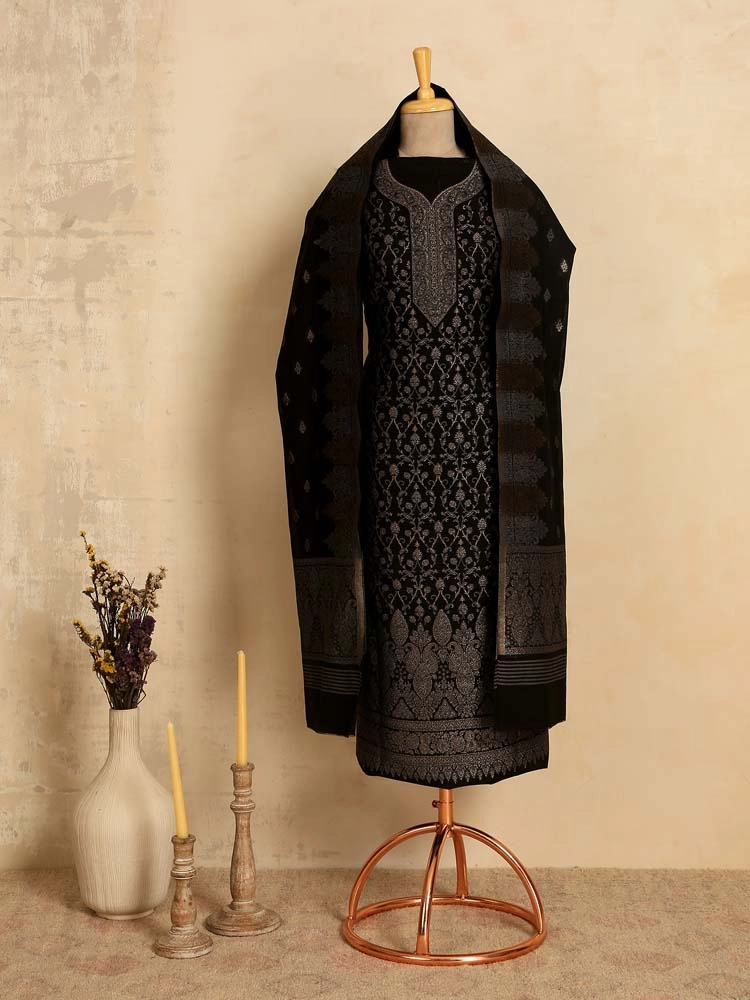 ImageZoon Paisley Cotton Unstitched Suit Set – Gold, Black