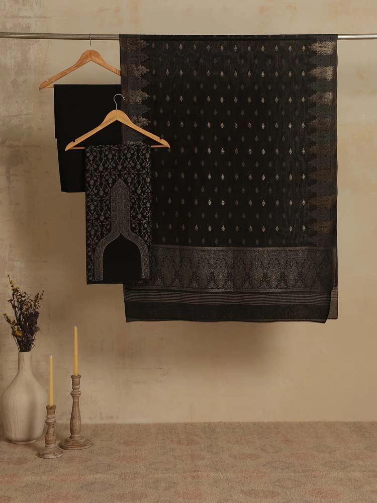 ImageZoon Paisley Cotton Unstitched Suit Set – Gold, Black
