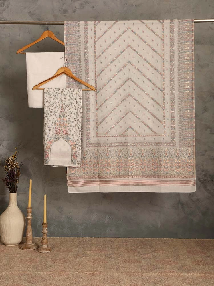 ImageVistaar Jaal Cotton Unstitched Suit – Cloud White