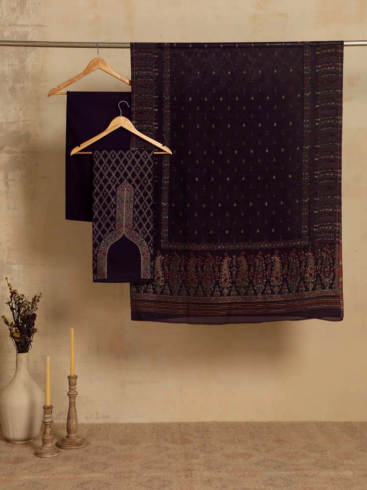 ImageVistaar Jaal Cotton Unstitched Suit – Antique Black
