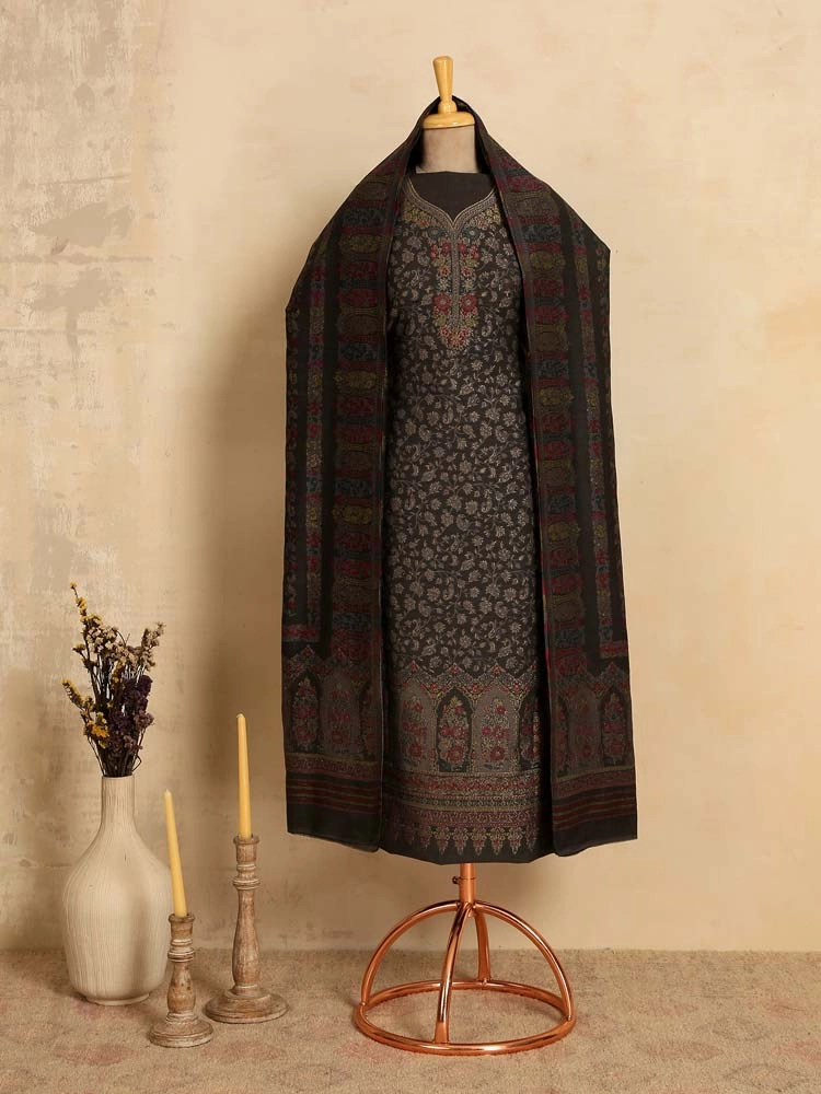 ImageVistaar Jaal Cotton Unstitched Suit – Charcoal Grey