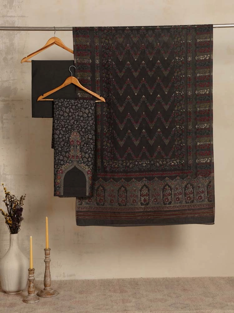 ImageVistaar Jaal Cotton Unstitched Suit – Charcoal Grey