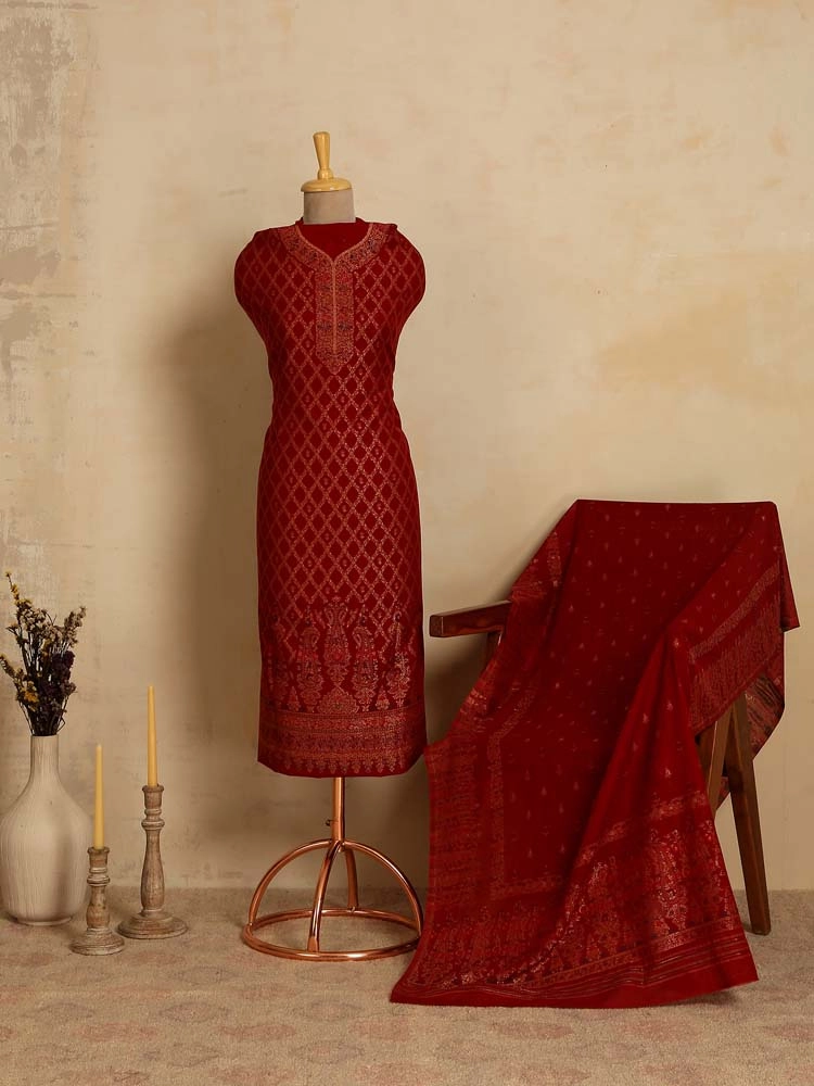 ImageVistaar Jaal Cotton Unstitched Suit – Surkh Red