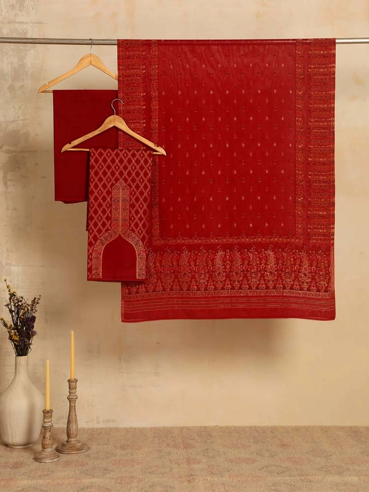 ImageVistaar Jaal Cotton Unstitched Suit – Surkh Red