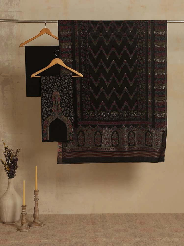ImageVistaar Jaal Cotton Unstitched Suit – Medallion Black