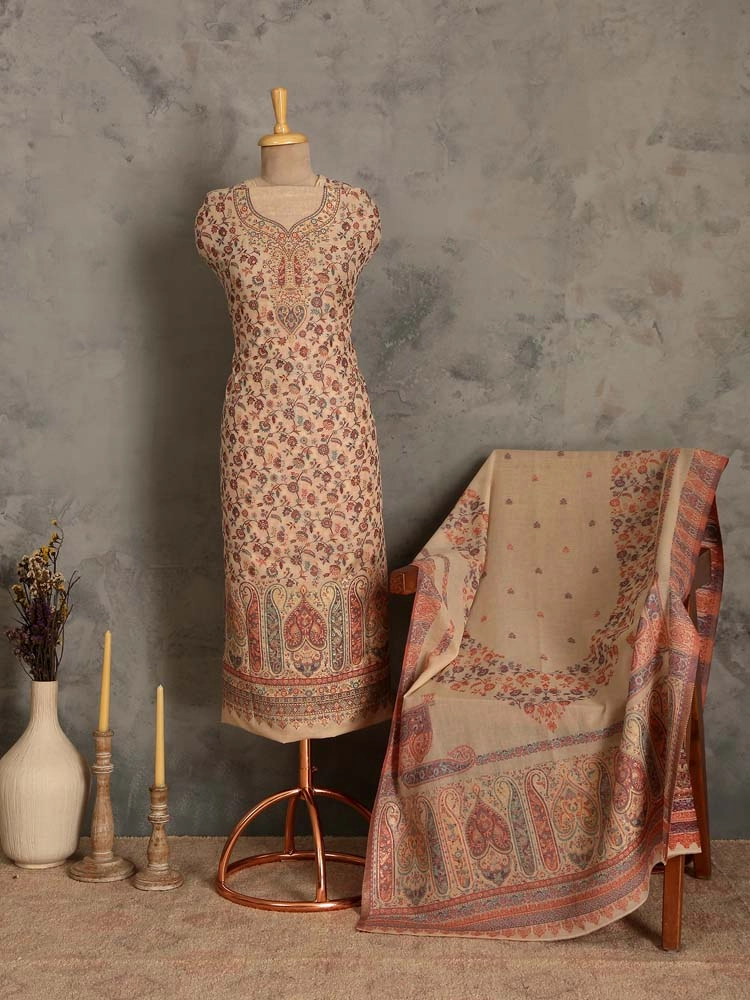 ImageZerin Jaal Cotton Unstitched Suit Set – Fawn Beige