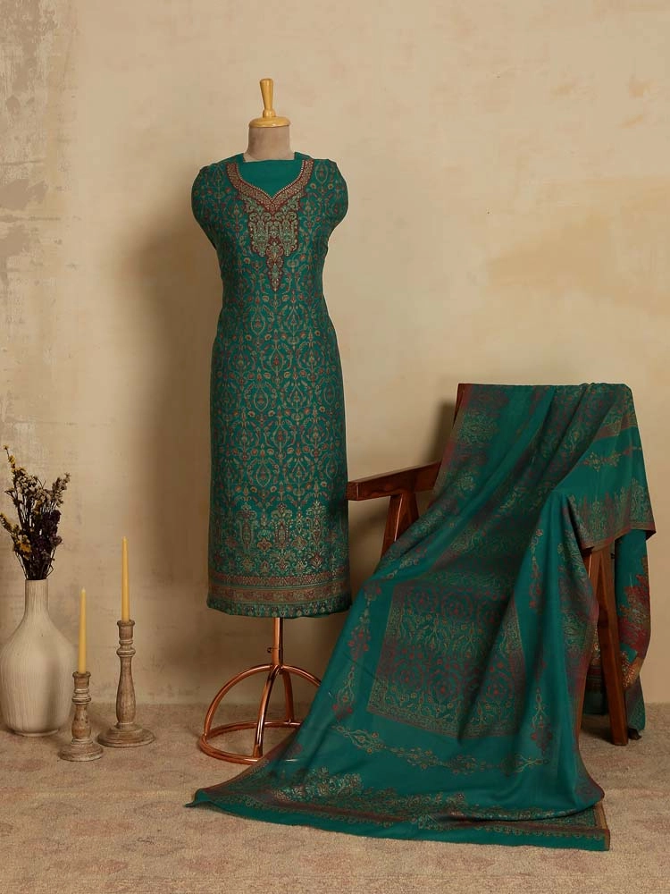 ImageZerin Jaal Cotton Unstitched Suit Set – Crystal Teal