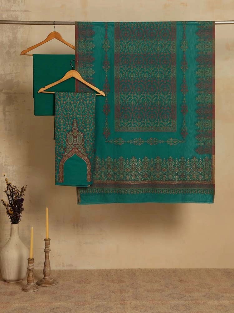 ImageZerin Jaal Cotton Unstitched Suit Set – Crystal Teal