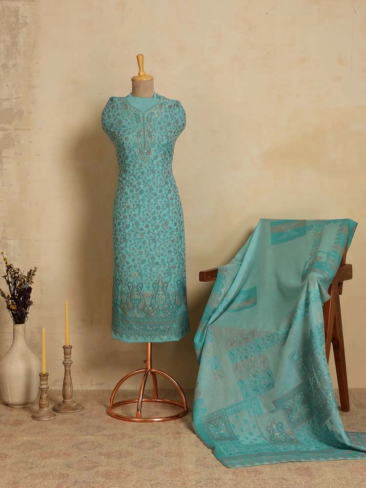 ImageZerin Jaal Cotton Unstitched Suit Set – Aqua Blue