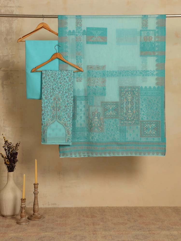 ImageZerin Jaal Cotton Unstitched Suit Set – Aqua Blue