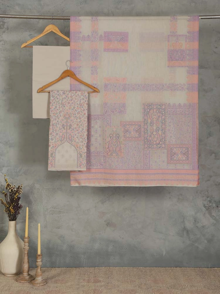 ImageZerin Jaal Cotton Unstitched Suit Set – Lavender, Ivory