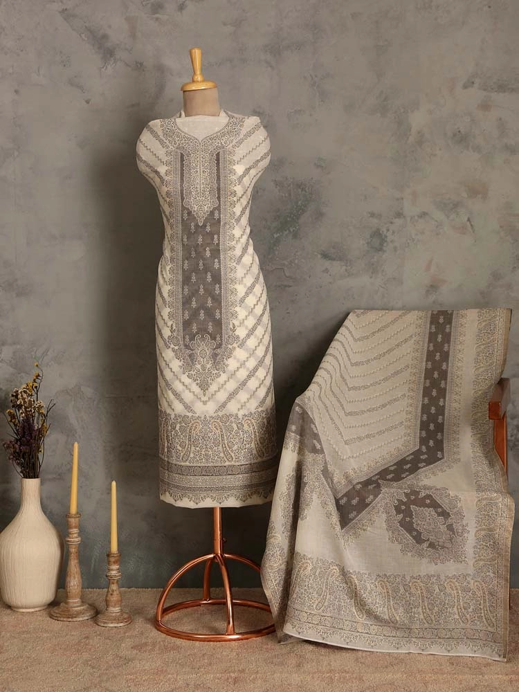 ImageNihan Paisley Cotton Unstitched Suit Set – Milky Grey