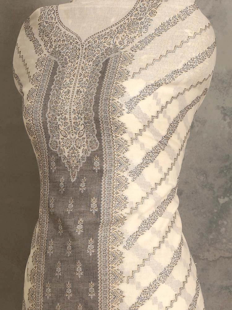 ImageNihan Paisley Cotton Unstitched Suit Set – Milky Grey