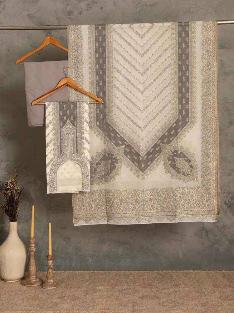 ImageNihan Paisley Cotton Unstitched Suit Set – Milky Grey