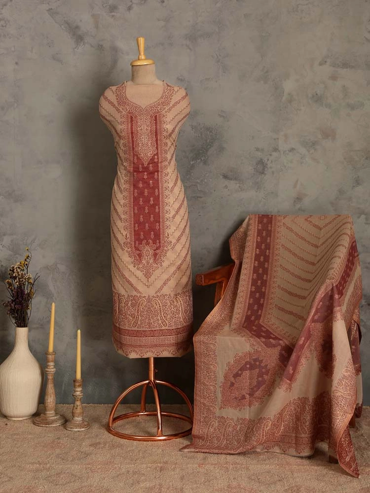 Nihan Paisley Cotton Unstitched Suit Set - Mauve, Beige