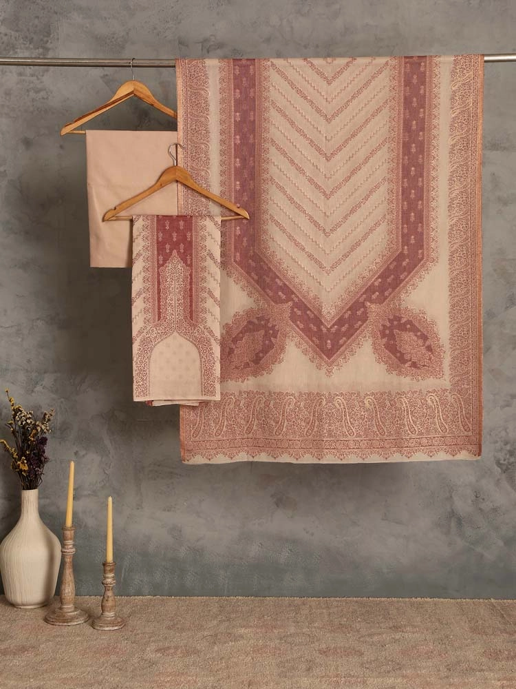 ImageNihan Paisley Cotton Unstitched Suit Set – Mauve, Beige
