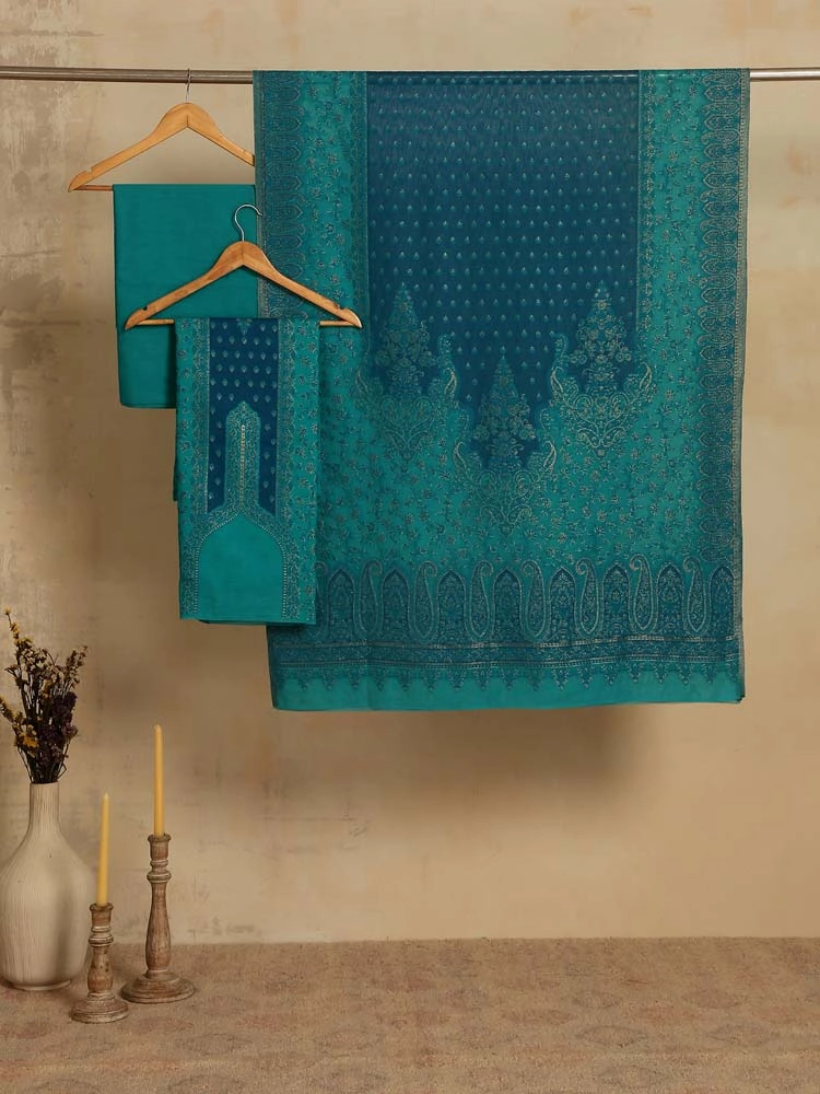 ImageNihan Paisley Cotton Unstitched Suit Set – Marine Teal