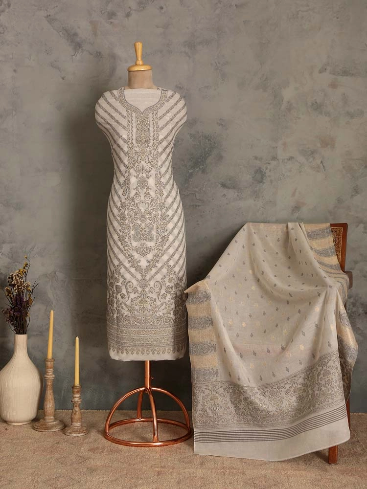 Calista Jaal Cotton Unstitched Suit -  Offwhite, Grey