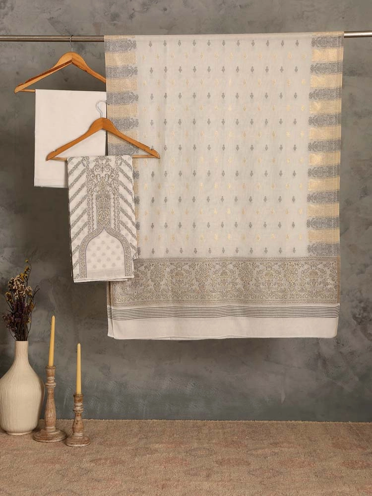 ImageCalista Jaal Cotton Unstitched Suit –  Offwhite, Grey