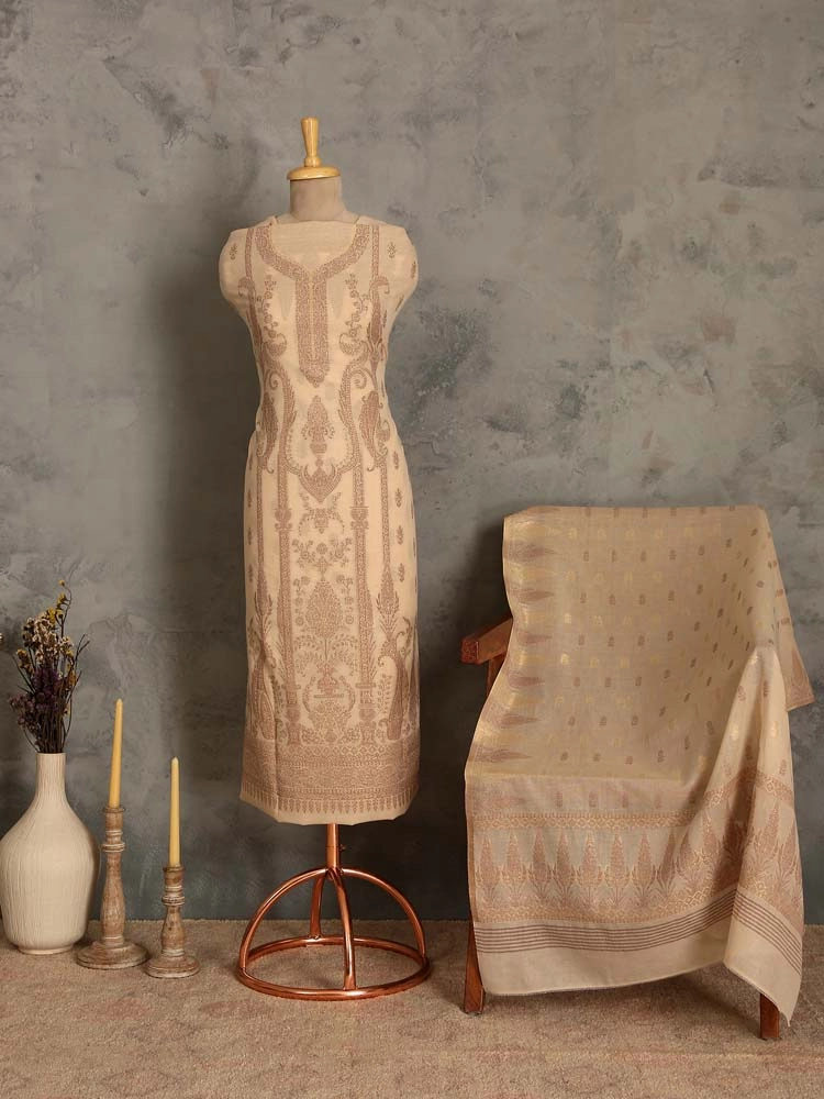ImageCalista Paisley Cotton Unstitched Suit –  Almond Beige