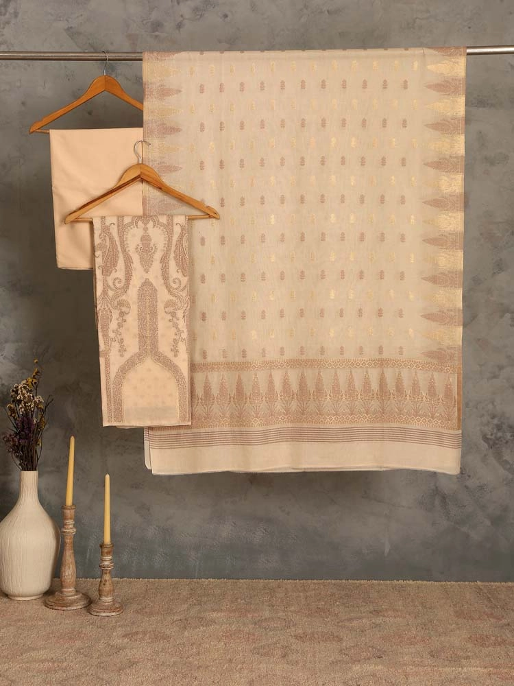 ImageCalista Paisley Cotton Unstitched Suit –  Almond Beige