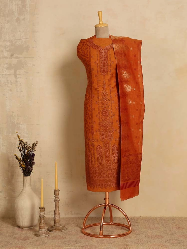 Calista Paisley Cotton Unstitched Suit - Marmalade Orange