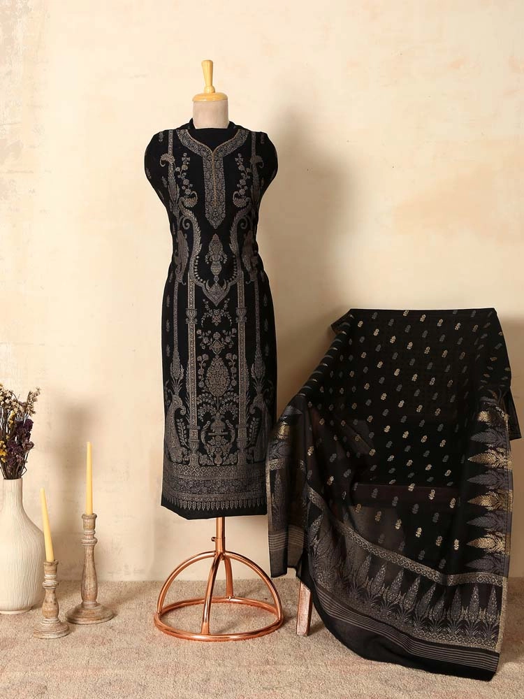 ImageCalista Paisley Cotton Unstitched Suit – Silver, Black