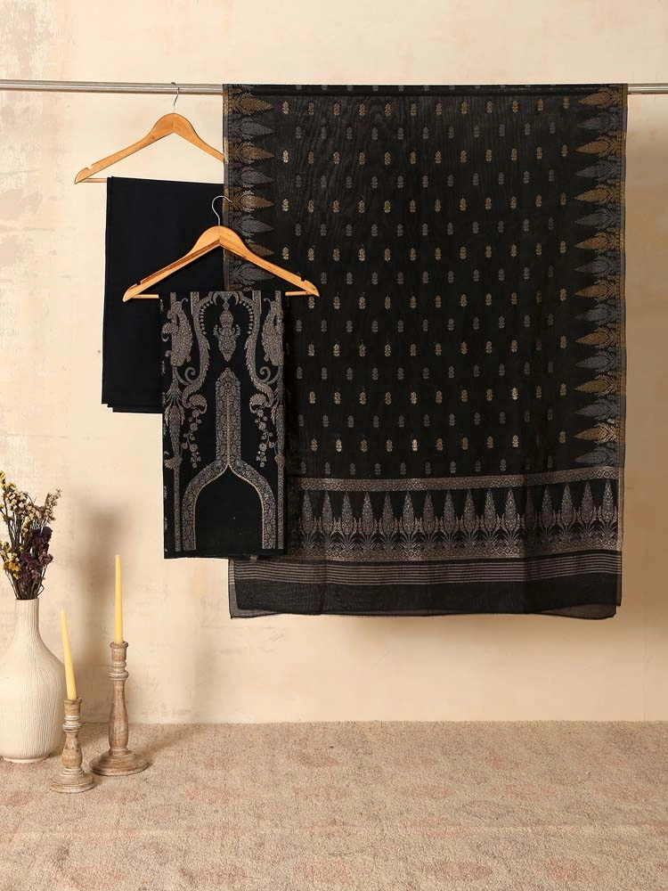 ImageCalista Paisley Cotton Unstitched Suit – Silver, Black