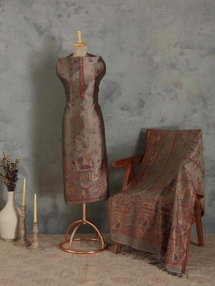 Noor Mahal Organza Silk Unstitched Suit - Bronze Gold